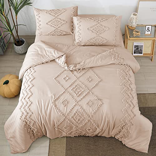 PERFEMET Beige Cream Tufted Comforter Set Full Size, Geometric Tufts Full Size Bedding Sets, Farmhouse Boho Chic Bed Comforter Set (Beige, Full)