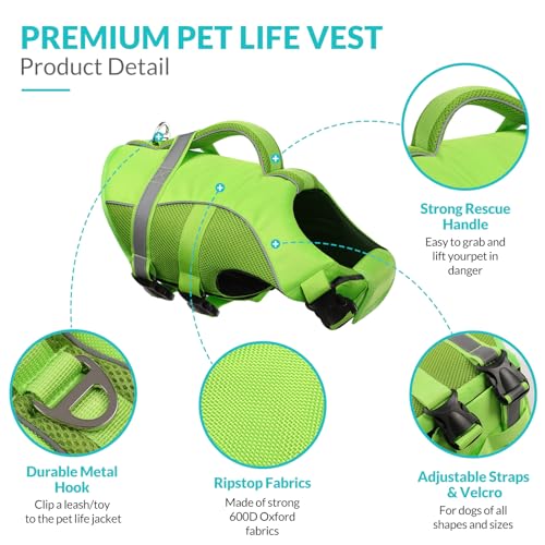 Queenmore Dog Life Jacket, Adjustable Ripstop Dog Life Vest for Swimming Boating, Dog Lifesaver with Superior Buoyancy and Rescue Handle, Dog Swimming Vest for X-Small Dogs（Green,XS）