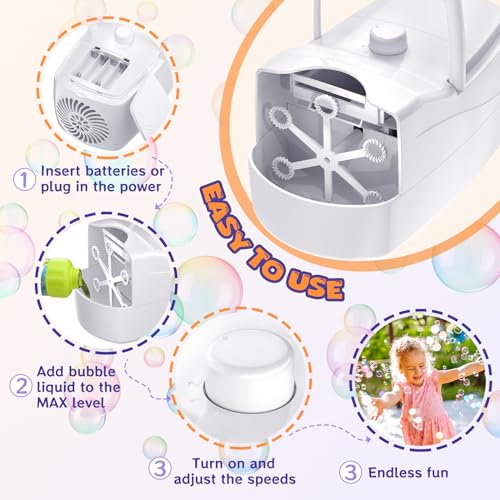 Bubble Machine,18000+ Big Bubbles/Min Automatic Bubble Blower for Kids with 2 Speeds,6 Wands,Operated by Plugin or Batteries Bubble Maker for Outdoor/Indoor Birthday Parties,Wedding (White)