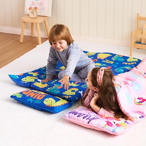 JOIEDOMI Toddler Nap Mat with Pillow & Blanket - 55''*30'' for Kids Ages 3-7 Years - Roll Up Nap Mat for Preschool - Soft Kids Sleeping Mat Dinosaur - for Boys Girls Kindergarten Daycare Sleepover