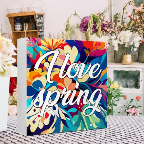 Spring Wooden Desk Sign,Funny Spring Sign,I Love Spring Wood Block Signs Desk Decor,Spring Decorations for Home Shelf Table Decor-1