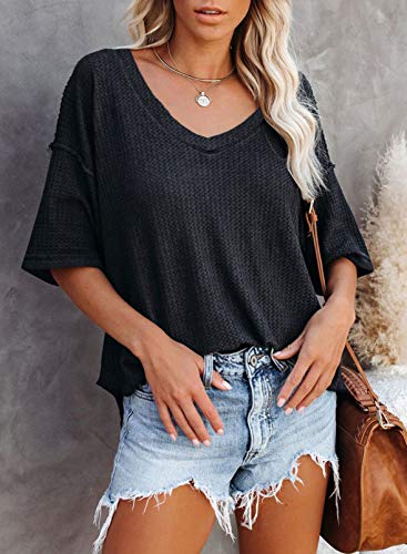Dokotoo Womens Summer Casual Ladies V Neck Short Sleeve Shirts Waffle Knit Henley Tunic Tops Loose Fit Flowy Blouses Office Fashion 2024 Summer Gray L