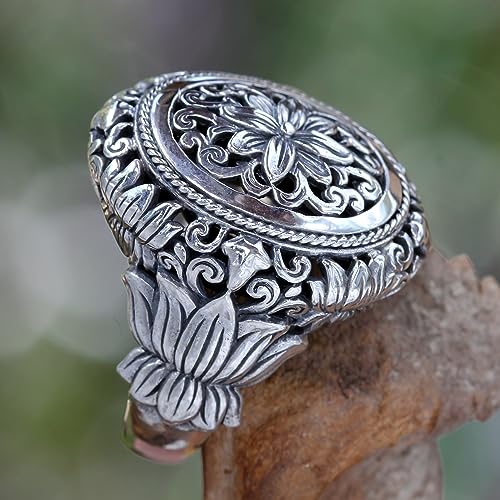 NOVICA Artisan Handmade Sterling Silver Flower Ring Floral Cocktail No Stone Indonesia [crownbezel 0.9 in L x 0.8 in W x 0.2 in H Band Width 4 mm W] ' Precious Lotus'