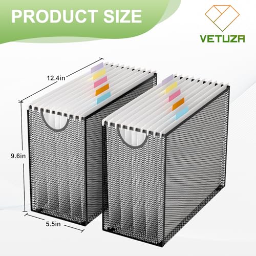 VETUZA Hanging File Organizer with 5 Hanging Folders for Desk, Metal Mesh File Storage Box, Desk File Folder Holder for Office&School, No Assembly Required, Black