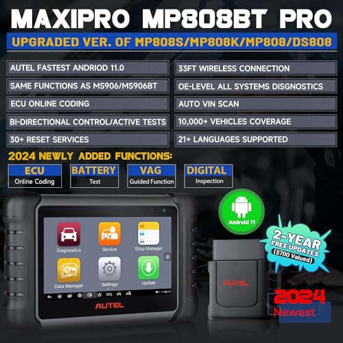 Autel Scanner MP808BT PRO, 2-Year Update 700$, 2024 OS 11 ECU Coding as MS906 Pro MP900BT, BT Ver of MX900 MK900 MS906 MP808S MK808S MK808Z, 3000+ Bidirectional Diagnostics, 30+ Reset, OE All Sys, FCA