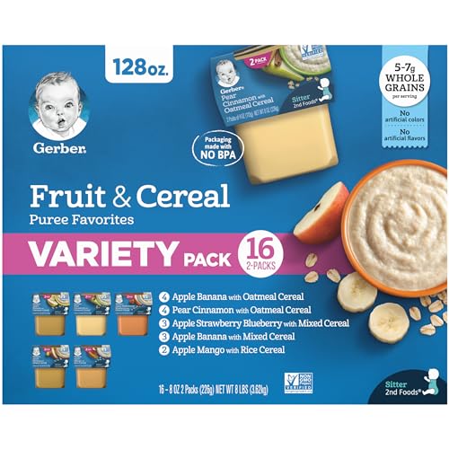 Gerber 2nd Foods Fruit and Cereal Puree Favorites Baby Food, Variety Pack, 4 oz Tubs (32 Pack)