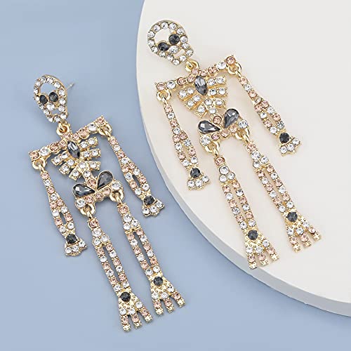 Halloween Skeleton Earrings for Women Bling Rhinestone Crystal Skull Earrings Spooky Skull Skeleton Dangle Earring Halloween Theme Jewelry Gift Charm Halloween Accessories