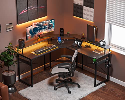 ODK L Shaped Gaming Desk with LED Lights & Power Outlets, 51" Computer Desk with Full Monitor Stand, Corner Desk with Cup Holder, Gaming Table with Hooks, Black