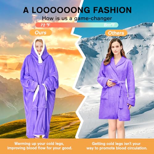 yescool Wearable Blanket Hoodie, Flannel Sherpa Fleece Blanket Sweatshirt for Adults Women Men, Big Plush Cozy Hooded Blanket with Hood, Pocket & Sleeves, Largre, One Size Fits All (Rainbow)