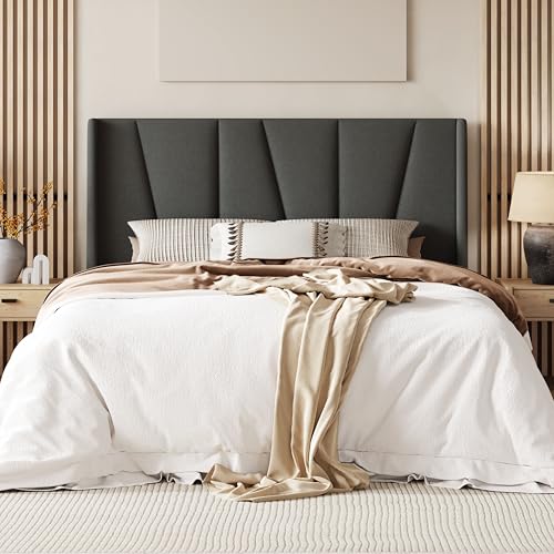 Allewie Full Size Platform Bed Frame with Geometric Wingback Headboard, Modern Upholstered Bed with Wooden Slats Support, No Box Spring Needed, Easy Assembly, Dark Grey
