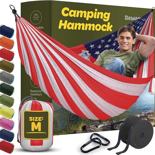 Durable Hammock 500 lb Capacity, Nylon Camping Hammock Chair - Double or Single Sizes w/Tree Straps and Attached Carry Bag - Portable for Travel/Backpacking/Beach/Backyard (Large, Yellow & Blue)