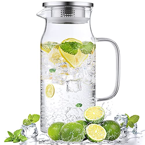 1.2 Liter 40 oz Small Glass Pitcher with Lid and Spout, Glass Carafe for Hot/Cold Water, Iced Tea Jug for Coffee, Juice and Homemade Beverage