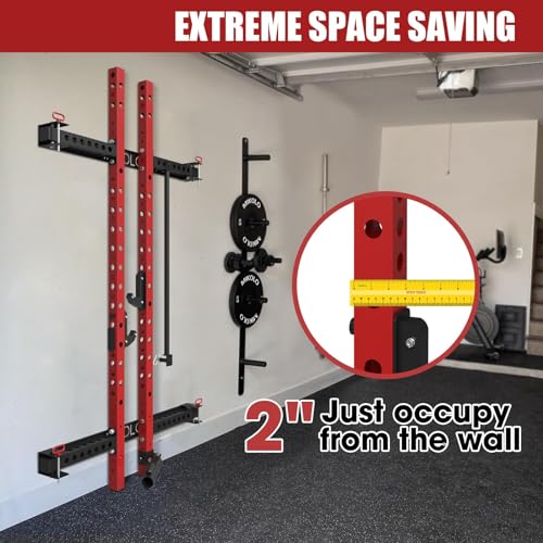 Mikolo 2" x 2" Folding Wall Mounted Squat Rack, 1000 Pounds Capacity Power Rack with Pull Up Bar, J Hooks, Landmine and Other Attachments, Space-Saving Home Gym(Black）