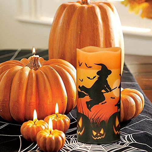 Eldnacele Halloween Flameless Candles, LED Flickering Battery Pillar Candles with 6H Timer and Pumpkin Decals, Spooky Fall Halloween Festival Party Decoration Set of 3 (D 3” x H 4” 5” 6”)
