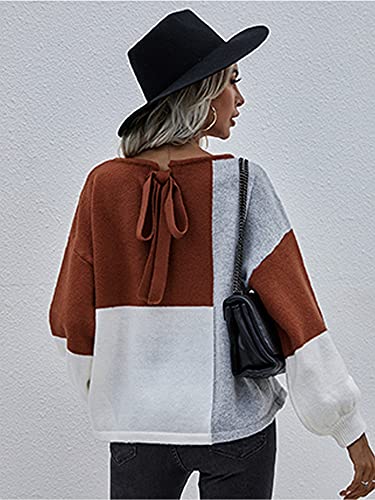 ECOWISH Women Sweater Long Sleeve Color Block Knit Pullover Sweaters Crew Neck Patchwork Casual Loose Jumper Tops Red Medium