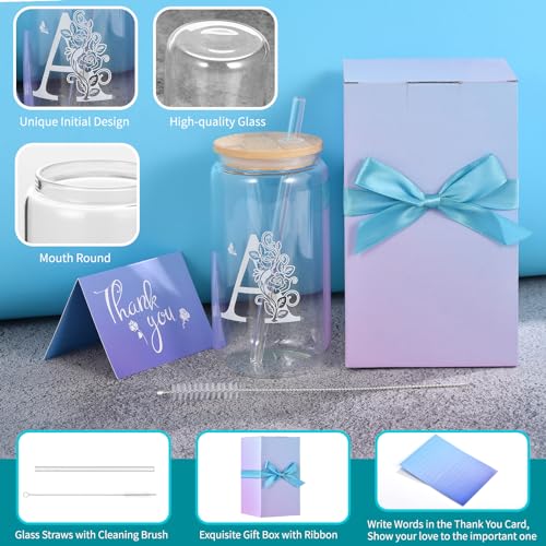 MAFYE Initial Glass Cups with Lids and Straws, Monogrammed Present for Women, 16oz Beer Glass Tumbler, Iced Coffee Mug, Personalized Present with Box and Card. Women's Day Birthday Present for Her