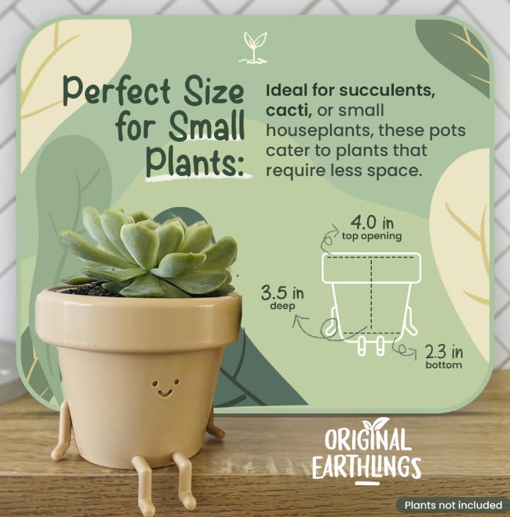 Original Earthlings Sitting Pot - 3.5 Inch Cute Plant Pot - Plastic Funny Planter with Drainage - Unique Cactus Plant Lover Gift - Small Succulent Face Flower Pot - Cute Plant Gifts for Plant Lovers