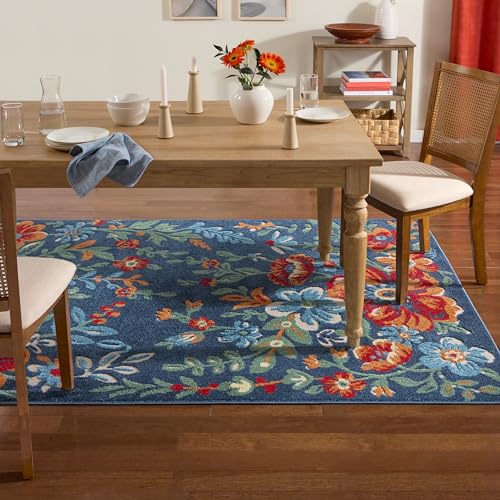 TOWN & COUNTRY EVERYDAY Hibiscus Bloom Modern Floral Indoor Outdoor Area Rug, UV Fade Resistant, High-Low Pile, Blue/Red/Beige, 3'11"x5'2"