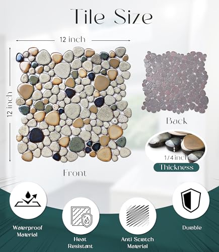 Primoon Pebble Stone Mosaic Tiles 5 Sheets, Beige Tan Brown Ceramic Mosaic Sheets Mesh Mounted 12x12, Glazed Porcelain Tile for Shower Floor Kitchen Bathroom Accent Wall Backsplash 【5 Sheets】