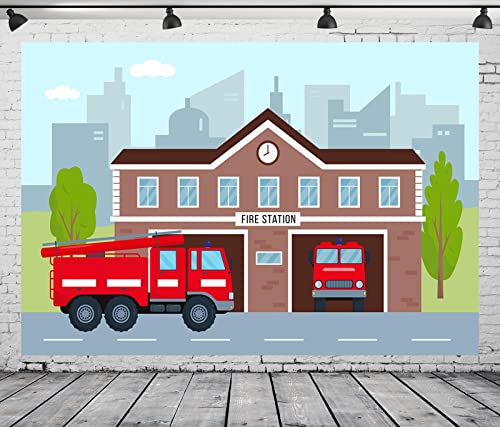 CORFOTO 5x3ft Fabric Cartoon Fire Station Backdrop Photography Firetruck Firefighter Background Kids Firefighter Themed Birthday Party Decorations Photoshoot Booth Studio Props