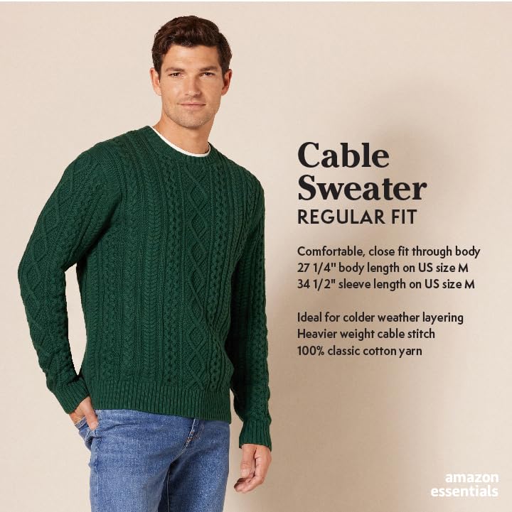 Amazon Essentials Men's Long-Sleeve 100% Cotton Fisherman Cable Crewneck Sweater, Red, XX-Large