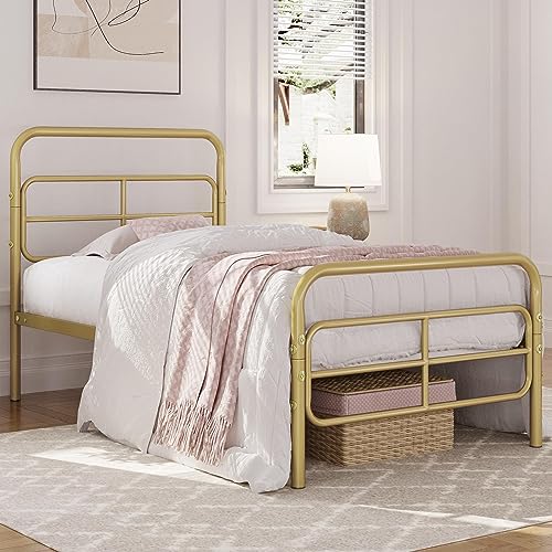 Yaheetech Twin Bed Frame Metal Platform Bed with Geometric Patterned Headboard, Mattress Foundation with Under Bed Storage/Sturdy Slat Support, No Box Spring Needed, Antique Gold