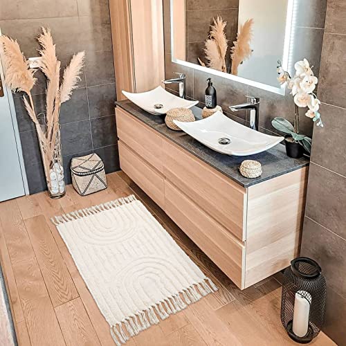 Lanffia Boho Bathroom Rug 2' x 3', Washable Small Front Entryway Rugs, Beige Hand-Woven Tufted Cotton Rainbow Rug with Tassels Farmhouse Kitchen Carpet for Foyer Bedroom Back Door Decor