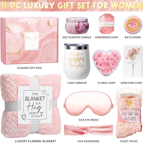 Birthday Gifts for Women Self Care Gifts Get Well Soon Gifts, Rose Relaxing Spa Gifts Basket Care Package w/ Luxury Flannel Blanket, Unique Christmas Gifts Idea for Mom Her Best Friends Sister Wife