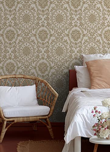 RoomMates RMK12572PL Taupe and Gold Boho Baroque Damask Peel and Stick Wallpaper, Neutral