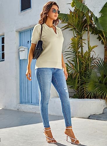 Kate Kasin Women Summer Color Block V Neck Knitted Polo Sweaters Tops Short Sleeve Shirt Casual Pullover Sweater Light Green M