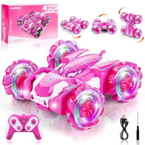 Spider Remote Control Car, 2.4Ghz Double Sided RC Cars with LED Light 360° Rotating RC Drift Car, 4WD Rechargeable RC Stunt Car Spider Toys for Boys 4-6 5-7 8-13 Girls Gifts Indoor Outdoor, Pink