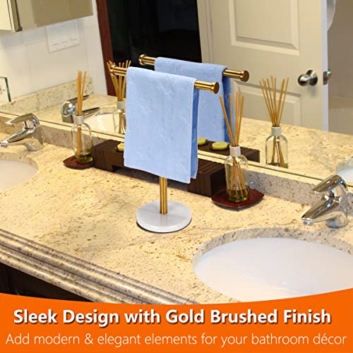 Kalitro Towel Rack with Natural Marble Base T-Shape Hand Towel Holder Stand SUS304 Stainless Steel for Bathroom Vanity Countertop Brushed Nickel Finish (Gold)