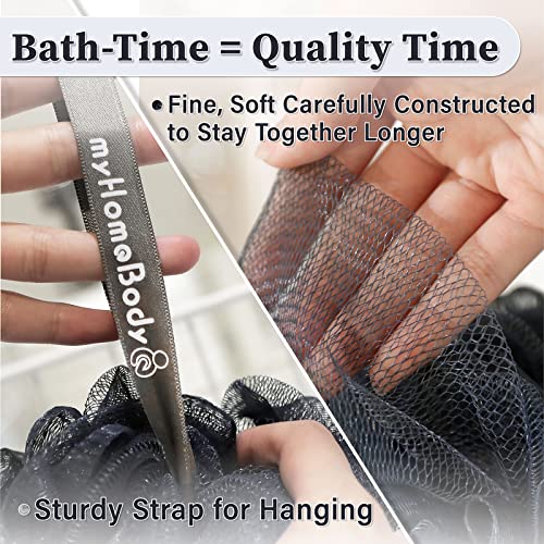 myHomeBody Large 70g Loofah Sponge, Body Scrubber, Bath Sponge, Loofah for Women, Men, Exfoliating Sponge Shower Pouf with Activated Charcoal - 2 Fog Gray + 1 Midnight Blue, 3 Pack