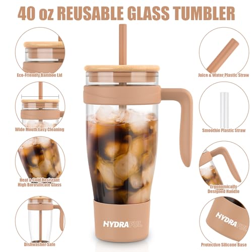 Hydraful 40 oz Glass Tumbler with Handle, Reusable Glass Tumbler with Straw and Lid, BPA Free Clear Glass Tumbler with Bamboo Lid, Fits In Cup Holder, Dishwasher Safe, Amber