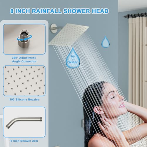 Lordear Rain Shower System 8 Inch Shower Head,Wall Mounted Shower Faucet Set Brushed Nickel Finish Stainless Steel Shower Head and Handheld, Brass Main Body Shower Valve Included