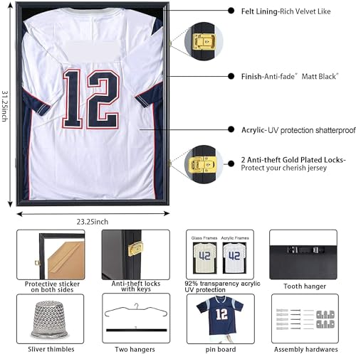 Temgee Jersey Display Frame 2 Pack Jersey Shadow Box for Baseball Basketball Football Soccer Hockey Sports Shirts, Uniform, 98%UV Protection Acrylic Glass, 2 Hanger(Black)