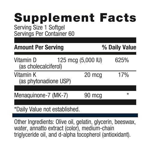 Metagenics D3 + K - for Immune Support, Bone Health & Heart Health* - Vitamin D with MK-7 (Vitamin K2) - Non-GMO - Gluten-Free - 60 Softgels - 5,000 IU