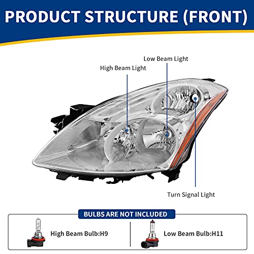 AUTOSAVER88 Headlight Assembly Compatible with 07 08 09 Altima Sedan 4-door 2007 2008 2009 Altima Black Housing with Amber Reflector Clear Lens