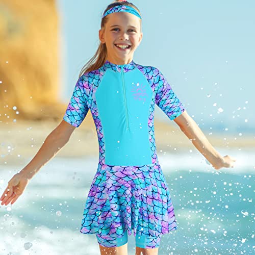 TFJH E 3 Piece Girls Swimsuit Set Bathing Suit Short Sleeve Sun Protection 50+ Swimming Skirt Zip Cyan Scale Short 4A