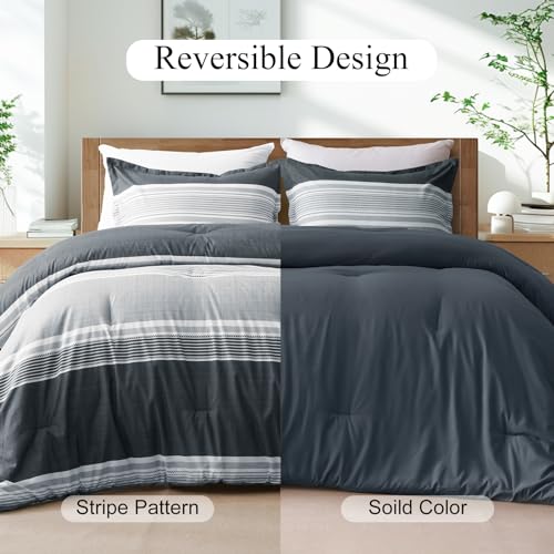 PHF Twin Comforter Set - 2 Pieces Soft Striped Bedding Comforter Sets, Charcoal Grey Stripe Fluffy Bed Set for All Season, 1 Lightweight Comforter (68"x90") and 1 Pillowcases (20"x26")