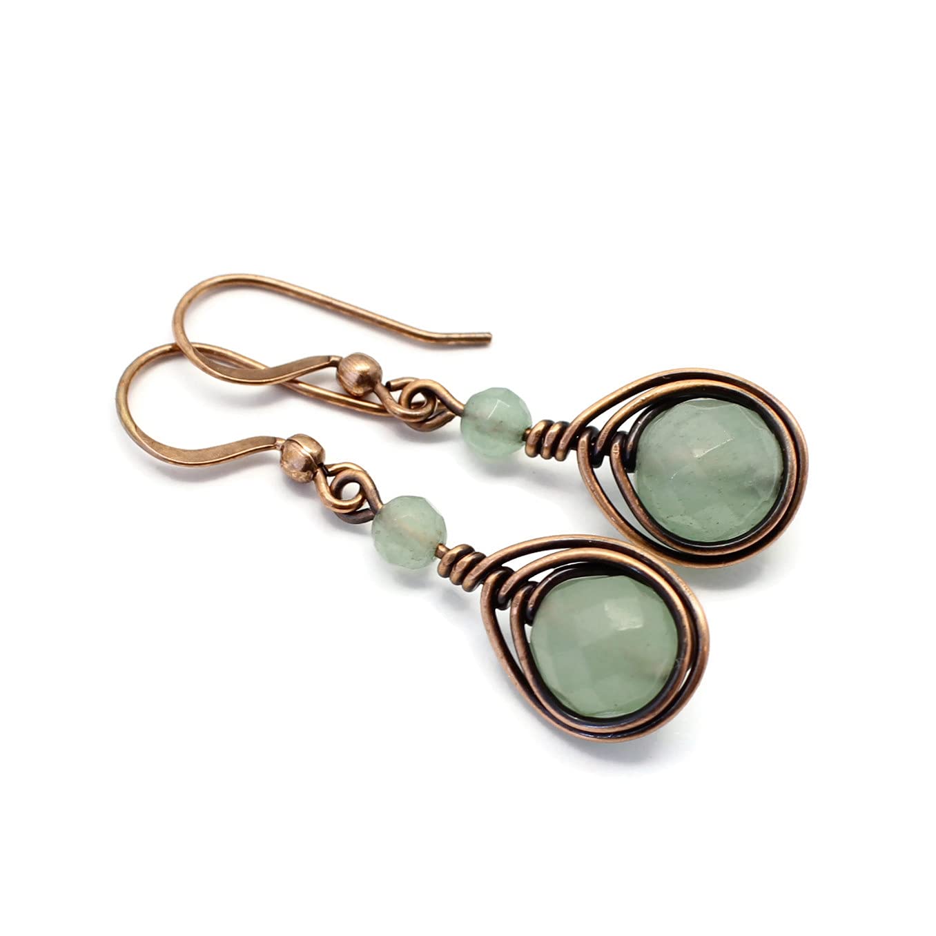 Pillar of Salt Studio Handcrafted Solid Copper Earrings with Green Aventurine Gemstone (Antiqued Copper, 1" drop)