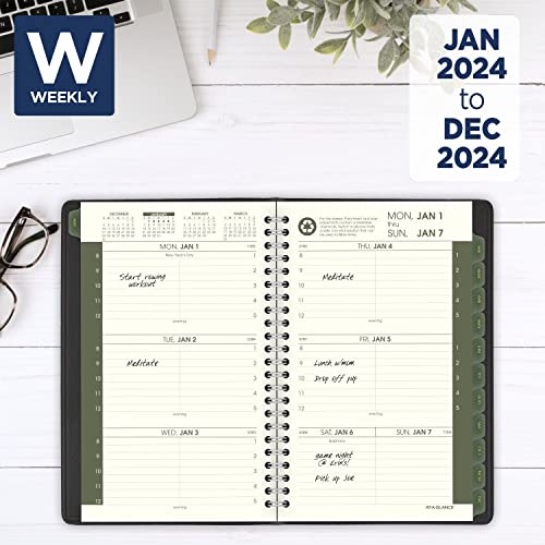 AT-A-GLANCE 2024 Weekly & Monthly Planner, Hourly Appointment Book, 5" x 8", Small, Recycled, Monthly Tabs, Black (70100G0524)