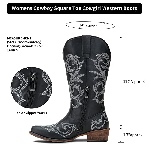Jeossy Women's 9808 Whisky Cowboy Boots for Women, Round Toe Cowgirl Boots, Western Embroidered Mid High Wide Calf Chunky Pull on Boot with Inner Zipper Size 6(DJY9808 Whisky 06)