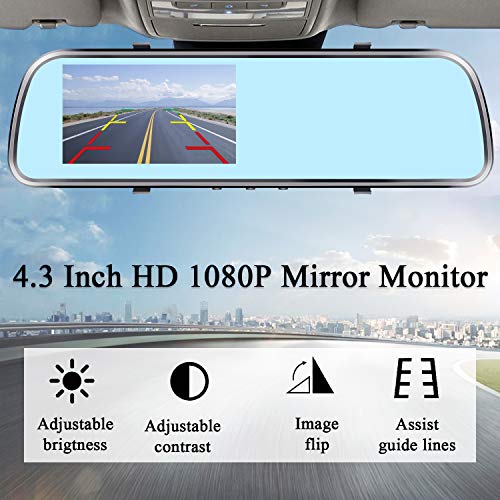 Backup Camera Mirror HD 1080P - Plug and Play Easy Set up Color Night Vision Rear View Mirror with License Plate Camera for Car Truck SUV Waterproof DIY Guide Lines AMTIFO A1