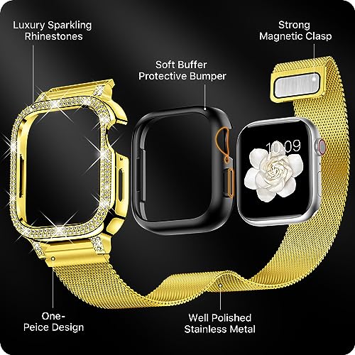 XYF Bling Bands Compatible for Apple Watch Band 40mm for Women with Bumper, Stainless Steel Mesh Magnetic Luxury Diamond Jewelry Milanese Strap Dressy iWatch Loop Series 6 / SE 5 4 (40mm, Black)