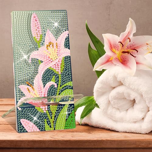 NUFTVI Diamond Painting Phone Holder Kits, 5D Full Crystal Diamond Art & Mirror Craft Kits Gift for Adult, Tabletop Decoration (2 Pack, Lotus/Lily)
