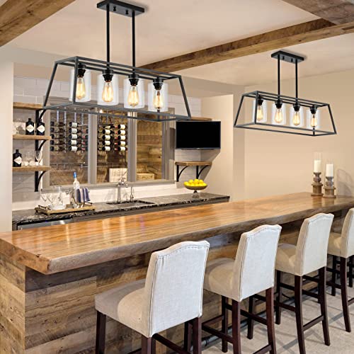 Black Farmhouse Chandeliers for Dining Room, Rustic Kitchen Island Light Fixture, 4-Light Linear Pendant Lights Kitchen Island with Glass Shade ，Apply to Dining Room Light fixtures Over Table