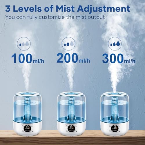 HiLIFE Humidifiers for Bedroom, 3 Times Fog Coverage, 3.2L Ultrasonic Cool Mist Humidifiers for Home Baby Nursery & Plants, Top Fill Air Humidifier Lasts Up to 35 Hours, Auto Shut-Off