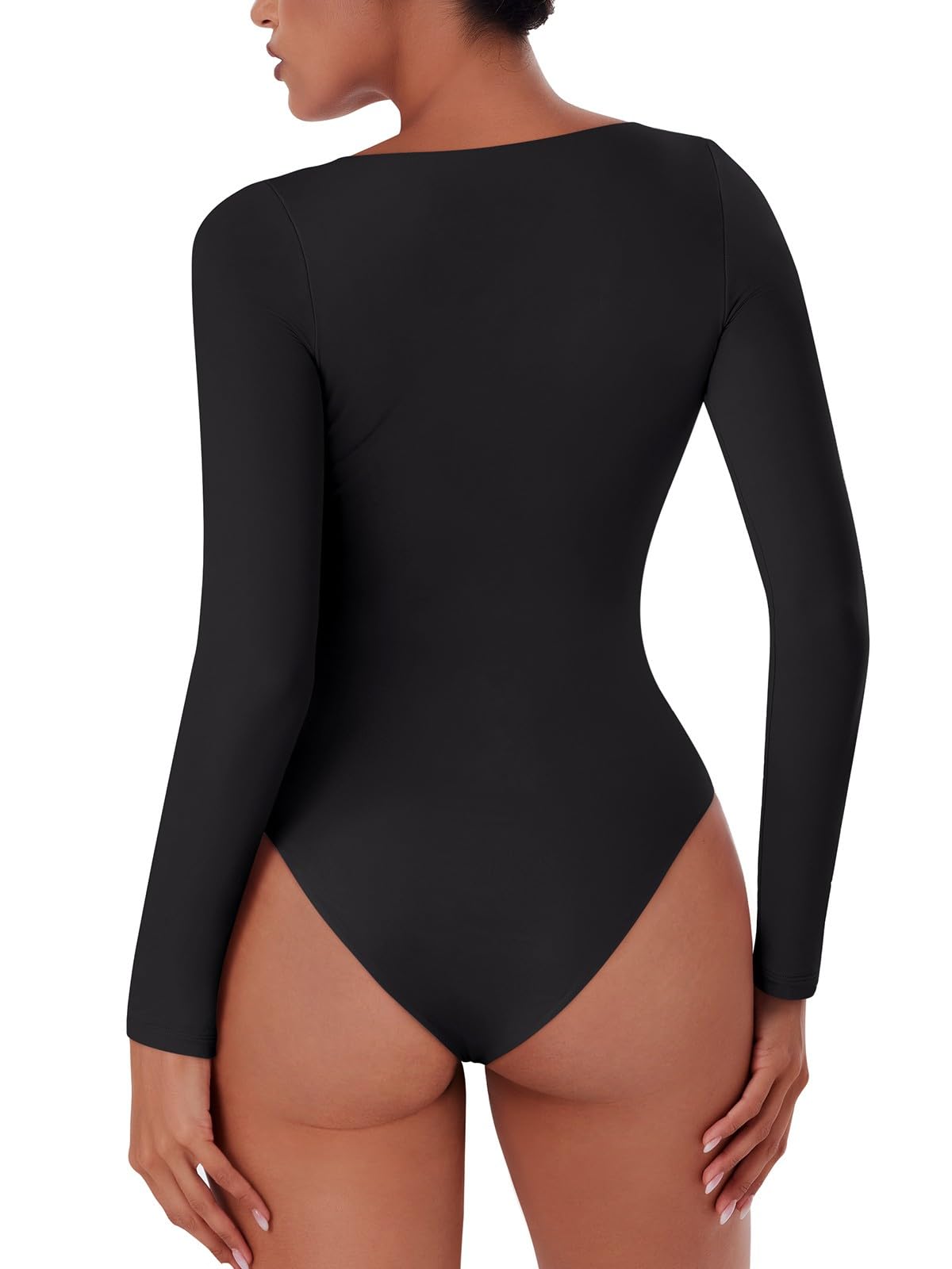 REORIA Womens Long Sleeve Bodysuits Fall Fashion Clothes 2025 Basic Round Neck Lightweight Double Lined Layering Undershirt Slim Body Suit Tops Black Large