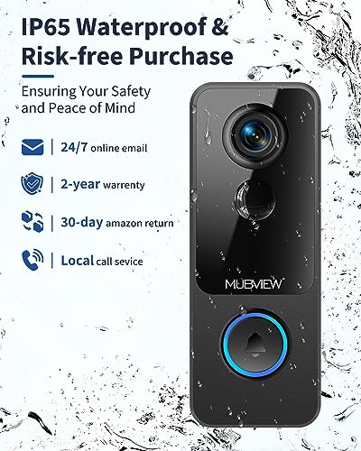 Doorbell Camera Wireless No Subscription - Local & Cloud Storage, Smart Video Doorbell with Chime, 2.4G WiFi Door Bell Ringer Battery Powered, 1080p HD, 2-Way Audio, Human Detection, Night Vision